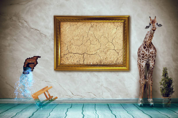 istock giraff standing with photo frame. Photo combination concept 641515212