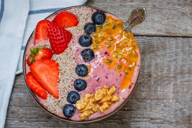 istock Breakfast smoothie berry bowl with chia 641515276