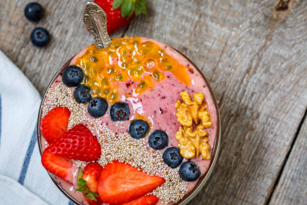 istock Breakfast smoothie berry bowl with chia 641515294