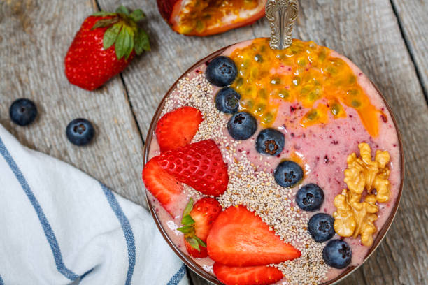 istock Breakfast smoothie berry bowl with chia 641515310