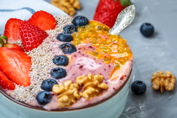 istock Breakfast smoothie berry bowl with chia 641515334