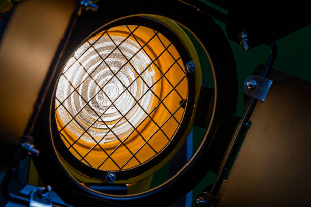 istock Fresnel lens, barn doors, protective metal mesh. Halogen lamps. Close-up. 641521956
