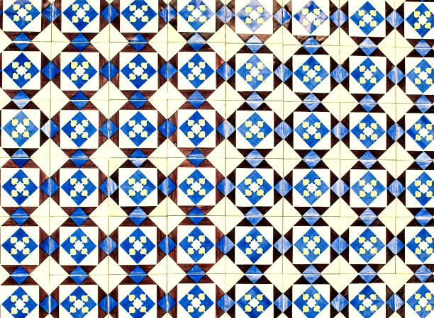 ポルトガル azulejo タイル。青と白の壁紙、web、背景、アート テクスチャとして抽象的なスクエア デザイン要素装飾品 - spain spanish culture art pattern ストックフォトと画像