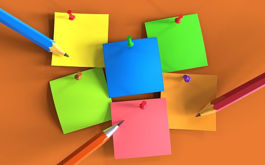 Colorful post it paper notes with pencils and pins on wall, 3d illustration
