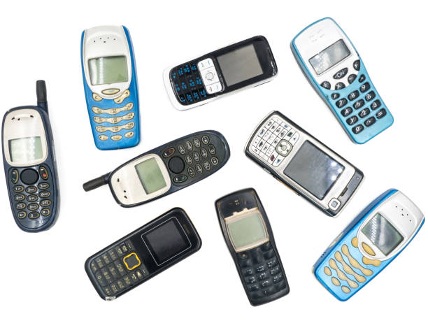istock Top view of Old mobile phones on white background 641526344
