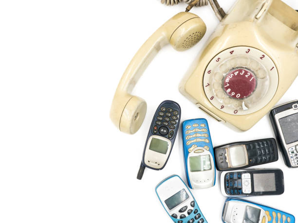 istock Old telephone and moblie phone on white background 641526374