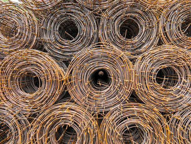 istock Roll of rusty iron cage for concrete reinforcing. 641531852