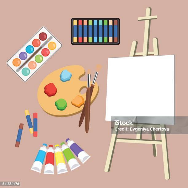 Realistic Art Supplies Set Art Materials Artist Accessories Easel Canvas Tablet Pastel Paint In Tubes Watercolor Palette And Brush Vector Objects For Drawing Painting Stock Illustration - Download Image Now