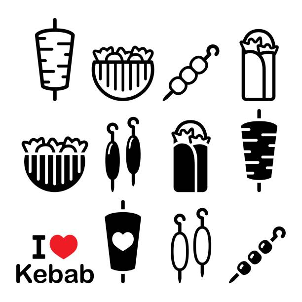 ilustraciones, imágenes clip art, dibujos animados e iconos de stock de doner kebab, kebab en envoltura o pita pan, brocheta y adana kebab pinchos iconos conjunto - turkey sandwich illustrations