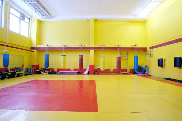 istock Fitness hall with punching bags 641547402
