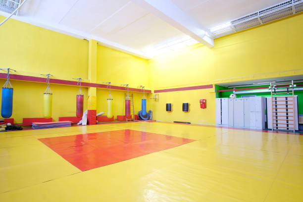 istock Fitness hall with punching bags 641547412