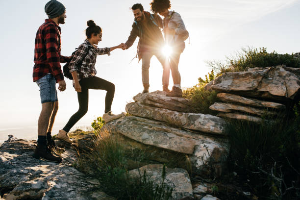 istock Group of friends hiking in mountain 641552730
