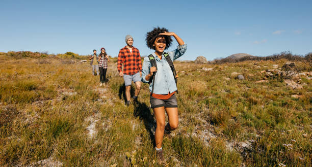 istock Group of friends on country walk 641552834