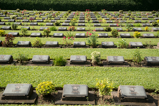 the Allied War Cemetery near the Death Railway Bridge over the River Kwai of the Burma-Thailand Railway in the City of Kanchanaburi in Central Thailand in Southeastasia.