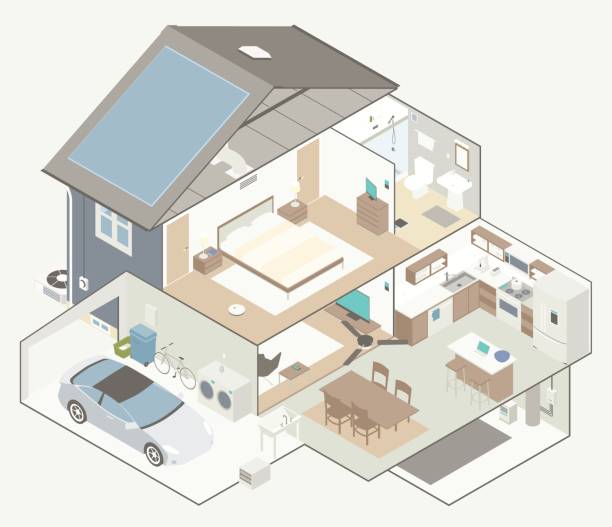 House Cutaway Diagram Detailed cutaway diagram of a two-level house, including basement, garage, ground level, upstairs level and attic. A variety of electrical and plumbing fixtures are included, along with heating, air conditioning, and a parked car. Furniture and other details complete the scene. Vector illustration presented in isometric view. floor plan illustrations stock illustrations