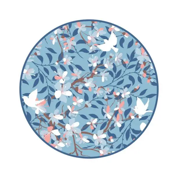 Vector illustration of Cherry Blossoms And Sparrows Background  In A Circle Frame