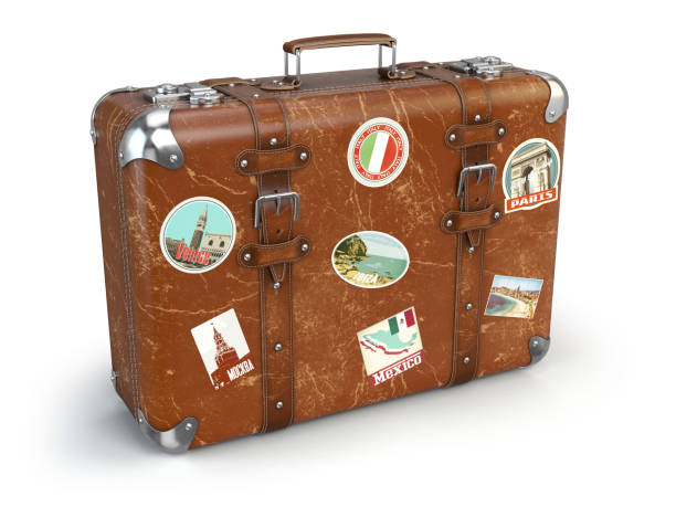 istock Retro suitcase beggage with travel stickers isolated on white background. 641556270