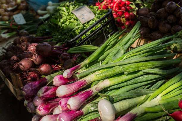 Red onions at market stall, Pula, Croatia