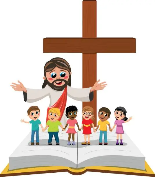 Vector illustration of Carton Jesus kids children hand in hand gospel isolated