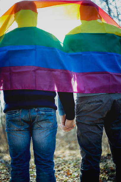 istock Happy young homosexual couple outdoors with rainbow flag 641564984