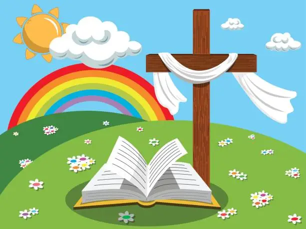 Vector illustration of Easter background cross open bible gospel meadow