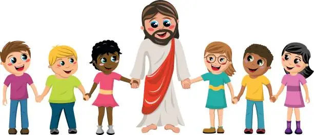Vector illustration of Cartoon Jesus hand in hand kids children isolated