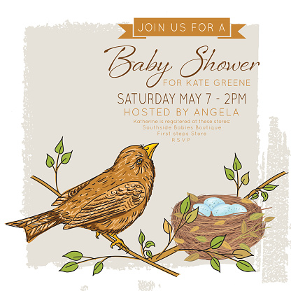 Sketchy Songbird And Nest On Textured Background. Baby Shower Invitation, Template