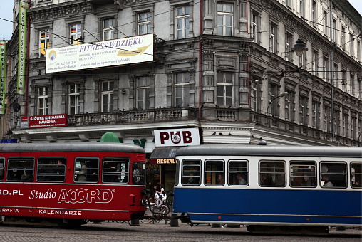 a city train in the old town of Cracow in Poland in east Europe.