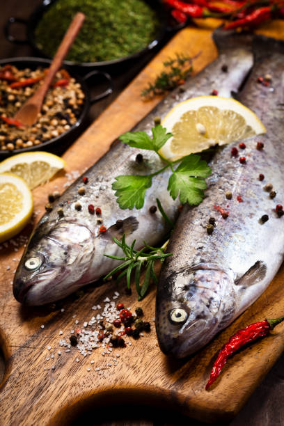 istock Two raw trout on dark slate background 641570348