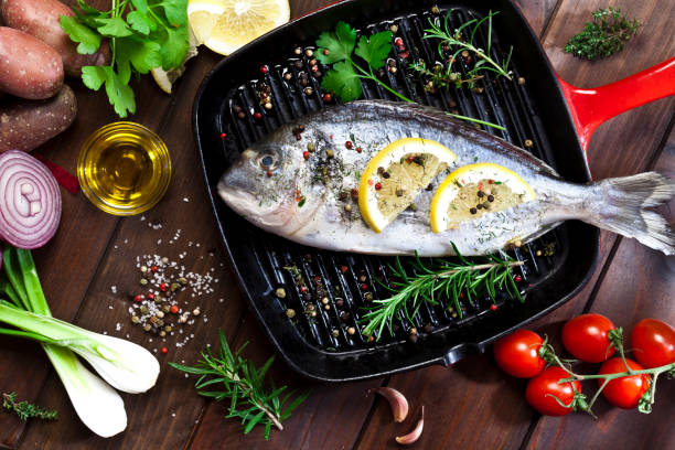 Top view of a raw sea bream fish in a cooking pan with cooking and seasoning ingredients like olive oil, salt and pepper, rosemary, lemon, chili pepper, parsley all around the fish. DSRL studio photo taken with Canon EOS 5D Mk II and Canon EF 100mm f/2.8L Macro IS USM