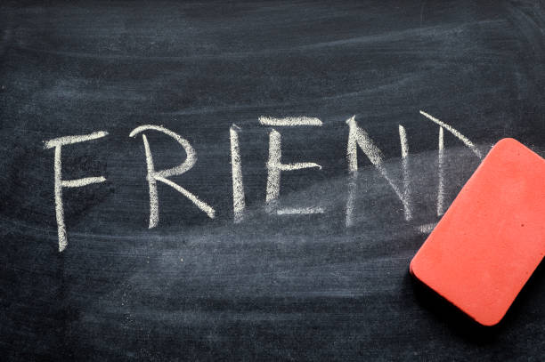 istock erasing friend, hand written word on blackboard being erased concept 641573904