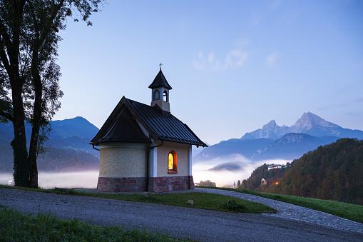 A small chapel overlooking the town of Berchtesgaden. In the background the Watzmann.