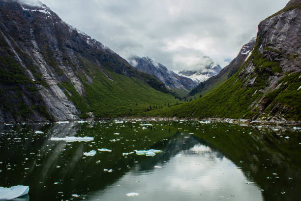 Mountains are reflected in the waters of Tracy Arm Fjord in Alaska.