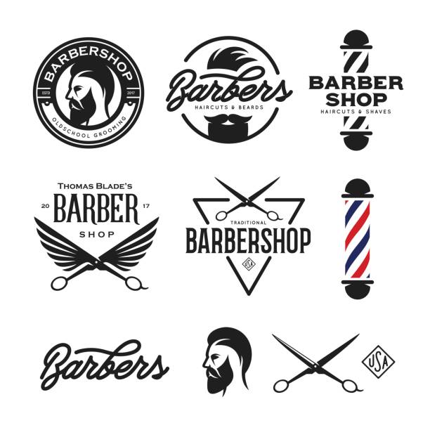 ilustrações de stock, clip art, desenhos animados e ícones de barber shop badges set. vector vintage illustration. - human hair retro revival old fashioned beauty