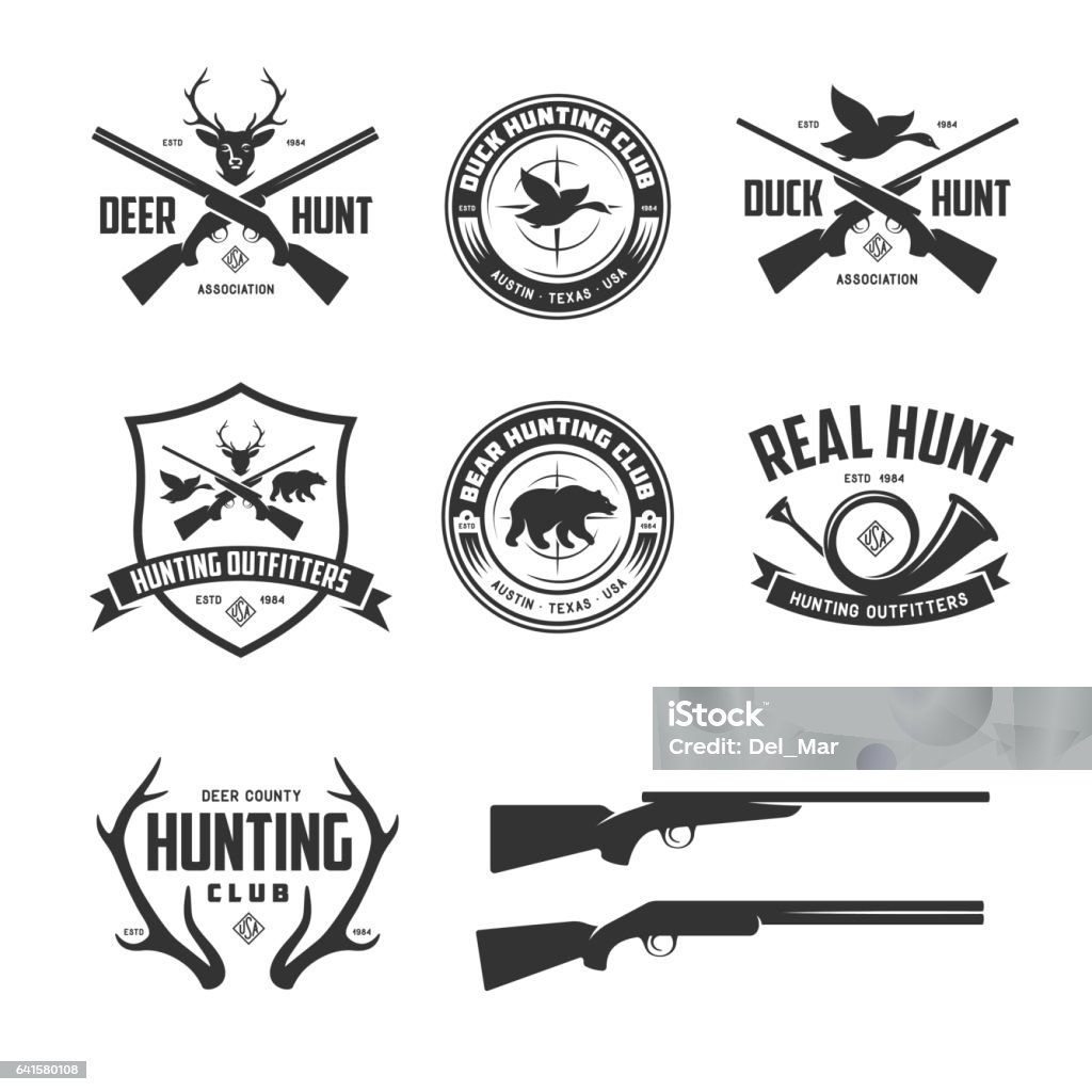 Ensemble de chasse des étiquettes badges d’emblèmes. Illustration de vintage Vector. - clipart vectoriel de Type de chasse libre de droits