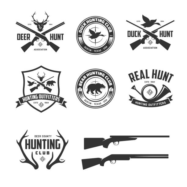 ilustrações de stock, clip art, desenhos animados e ícones de set of hunting related labels badges emblems. vector vintage illustration. - bird hunter