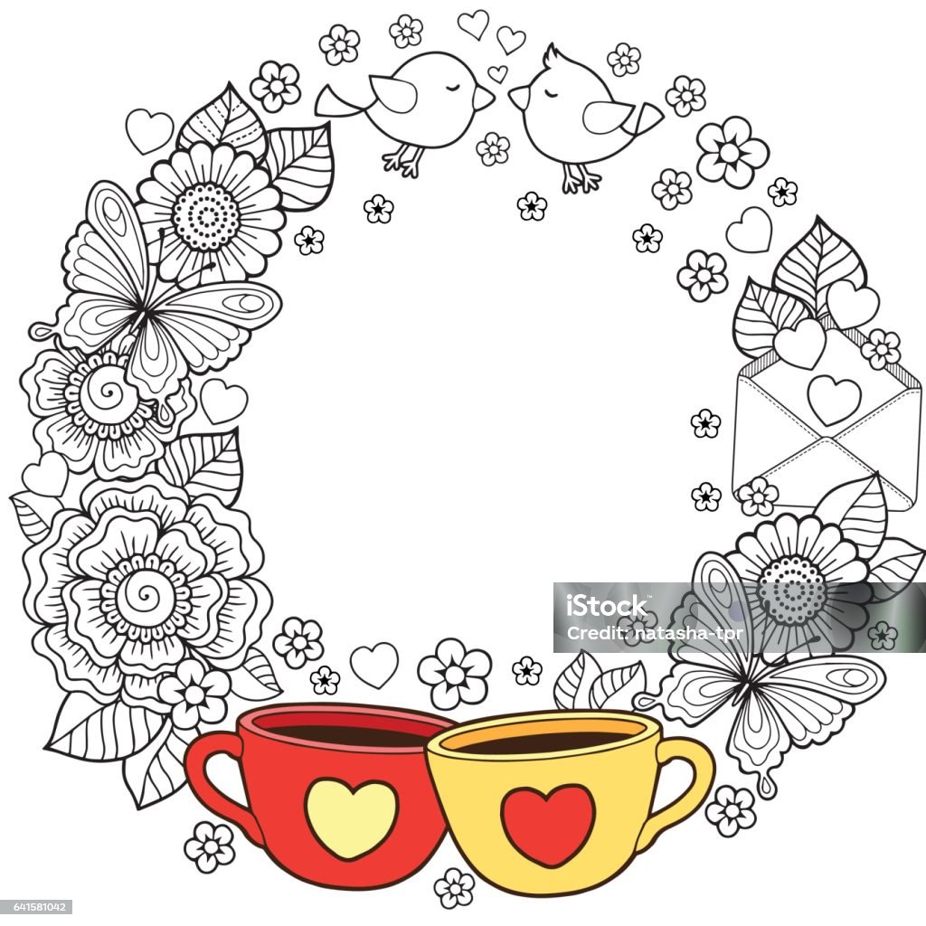 Vector Coloring book for adult. Abstract doodle flowers, key, lock, letter, butterfly and message. I love you and tee. Have a nice day. Wreath design for Valentines Day cards Vector vignette round shape for Coloring book for adult. Black line art on white background. Abstract stock vector