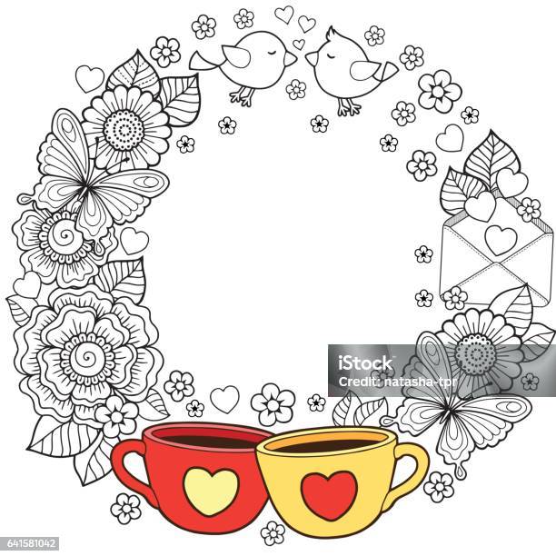 Vector Coloring Book For Adult Abstract Doodle Flowers Key Lock Letter Butterfly And Message I Love You And Tee Have A Nice Day Wreath Design For Valentines Day Cards Stock Illustration - Download Image Now