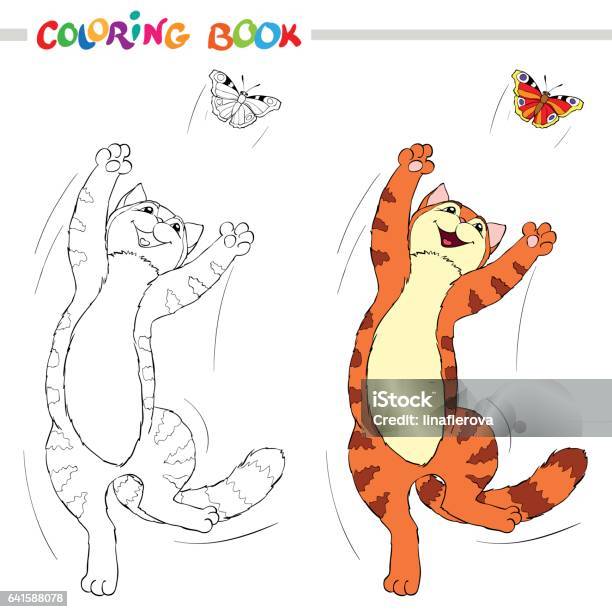 Coloring Book Or Page Red Cat Jumping Over The Butterflies On White Background Stock Illustration - Download Image Now