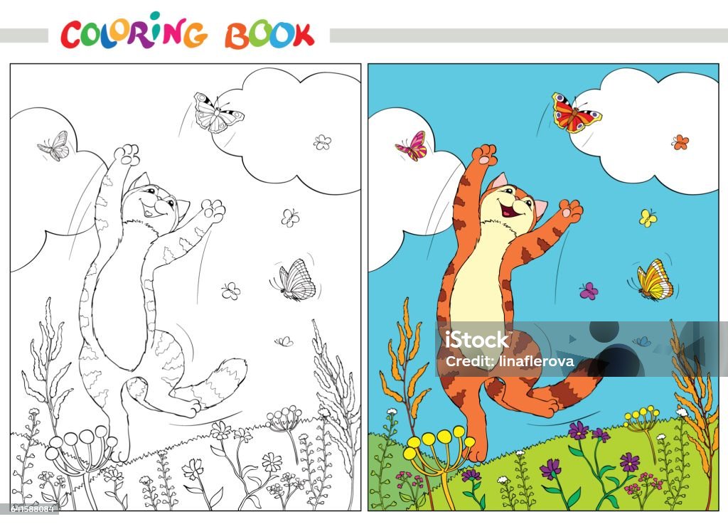 Coloring book. Red cat jumping over the butterflies in the grass and flowers on background of blue sky and white clouds. Coloring book or page. Red cat jumping over the butterflies in the grass and flowers on a background of blue sky and white clouds. Vector illustration. Coloring Book Page - Illlustration Technique stock vector