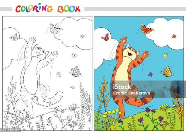 Coloring Book Red Cat Jumping Over The Butterflies In The Grass And Flowers On Background Of Blue Sky And White Clouds Stock Illustration - Download Image Now