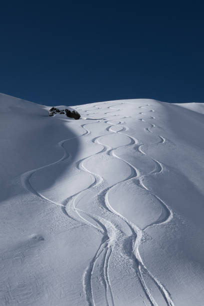 istock Fresh ski tracks leading down from alpine mountain ridge 641593500