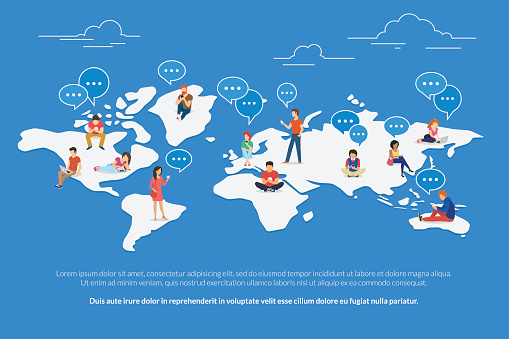 Global worldwide communication concept illustration of young people using mobile smarthone, tablet and laptop for multicultural social networking and texting. Flat guys and young women on world map