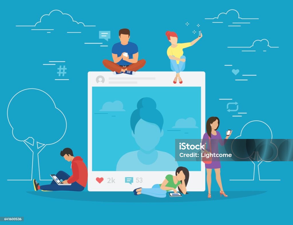 Self photo concept illustration Self photo concept illustration of young woman taking photo and posting in social networks. Flat people sitting on big picture and leaving comments and likes for her post Social Media stock vector