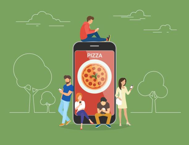 menschen mit gadgets mit smartphones im freien für pizza online bestellen - order buying purchase order bill stock-grafiken, -clipart, -cartoons und -symbole