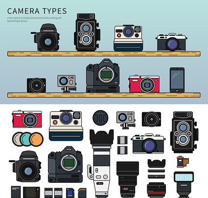 Thin line flat design of different cameras on the wooden shelves.   Cameras in the shop on the shelves, vintage and modern cameras with object-glasses isolated on white background