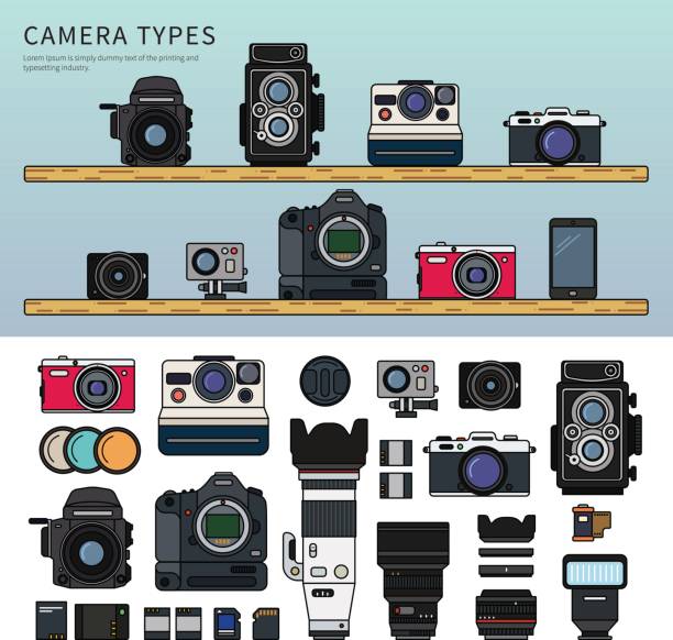 Different types of camera Thin line flat design of different cameras on the wooden shelves.   Cameras in the shop on the shelves, vintage and modern cameras with object-glasses isolated on white background vintage video camera stock illustrations