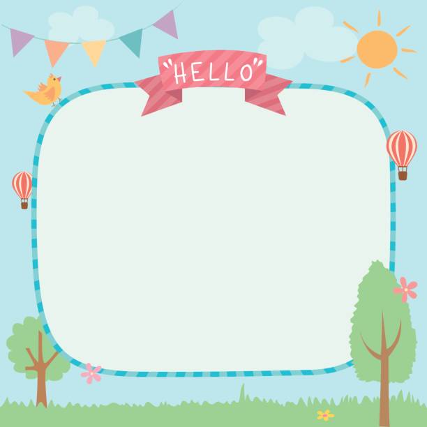 nature template Illustration vector of cute summer background template decorated with ribbon and buntings.Blankk for space. landscape nature plant animal stock illustrations