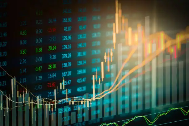 Photo of Stock market indicator and financial data view from LED. Double