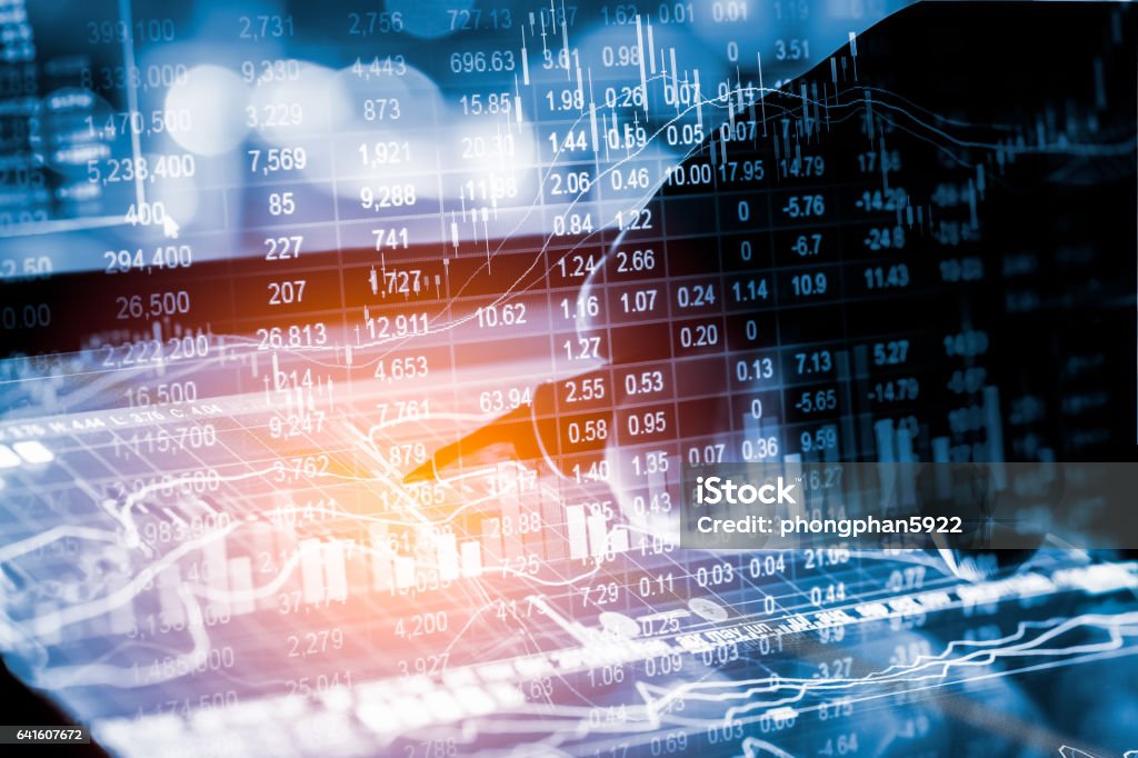 Stock market indicator and financial data view from LED. Double Stock market indicator and financial data view from LED. Double exposure financial graph and stock indicator including stock education or marketing analysis. Abstract financial indicator background. Trading Floor Stock Photo